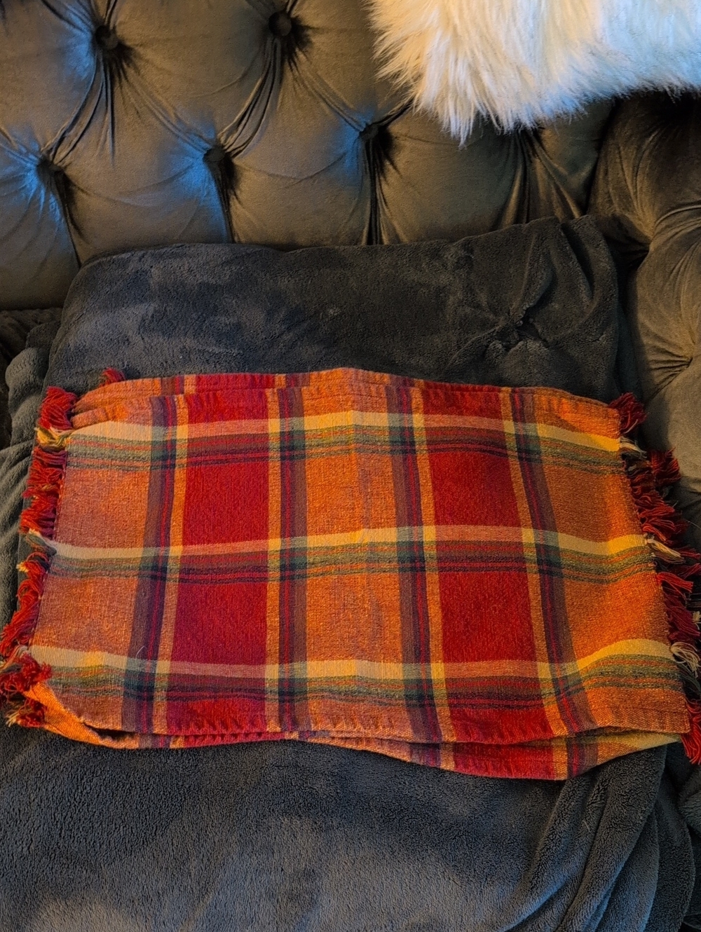 Plaid Fringe Placemats Set Of 4 in Red and Orange Harvest Bonus Towel